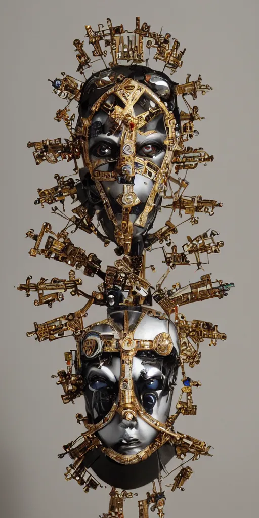 Prompt: a beautiful cyborg made of catholic symbols ceremonial maske