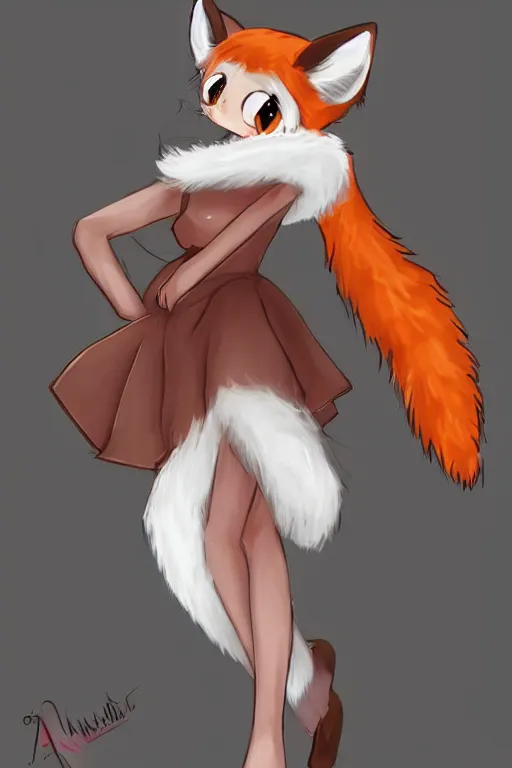 Prompt: a fox fursona with a big fluffy tail!!! wearing a maid outfit, highly detailed, digital art, trending on artstation, furry art!!!