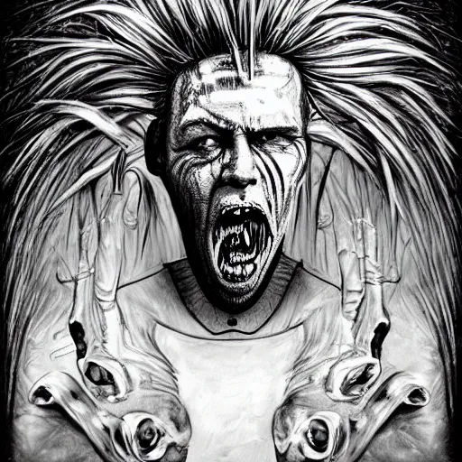 Prompt: surrealism grunge cartoon portrait sketch of James Hetfield, by michael karcz, loony toons style, freddy krueger style, horror theme, detailed, elegant, intricate
