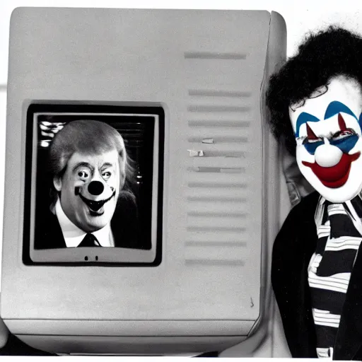 Image similar to photo of an 8 0's television with a president that has a clown face giving a speech