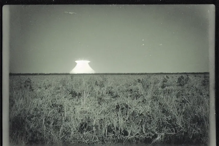 Image similar to old polaroid of a nuclear explosion in the louisiana swamps, people screaming