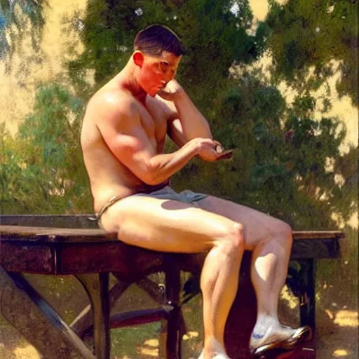 Image similar to channing tatum ties his shoes on a hot and sweaty summer day, painting by gaston bussiere, craig mullins, j. c. leyendecker, tom of finland