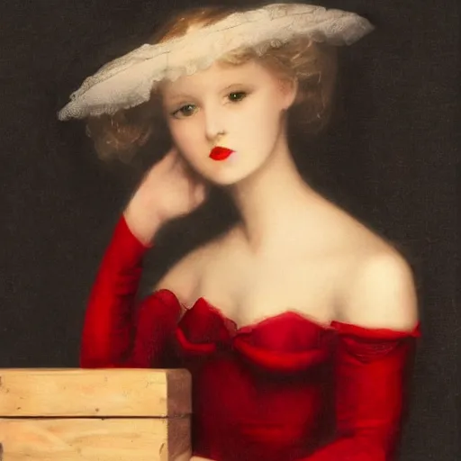 Image similar to - i full - bodied beautiful girl dead in a red coffin wood box, aristocrat