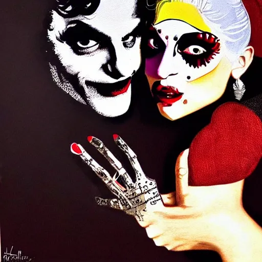 Prompt: mimmo rottela and banksy as joaquin phoenix skinny joker holding hand lady gaga harley queen, photorealistic, intricate details, pop art style, baroque, hyperdetailed, concept art