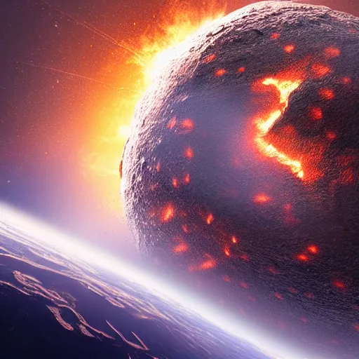 Image similar to concept art of a large meteorite explosion on the surface of earth as seen from space, scifi, highly detailed, high resolution photography, beautiful ilumination, artstation hq