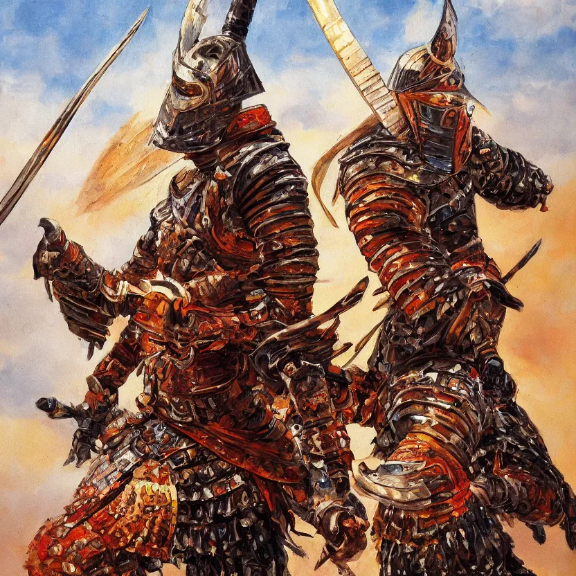 Image similar to a oil painting of an Knight/samurai in a battle ready pose in the style of Jean Giraud detailed realistic High Resolution HD 8k in color