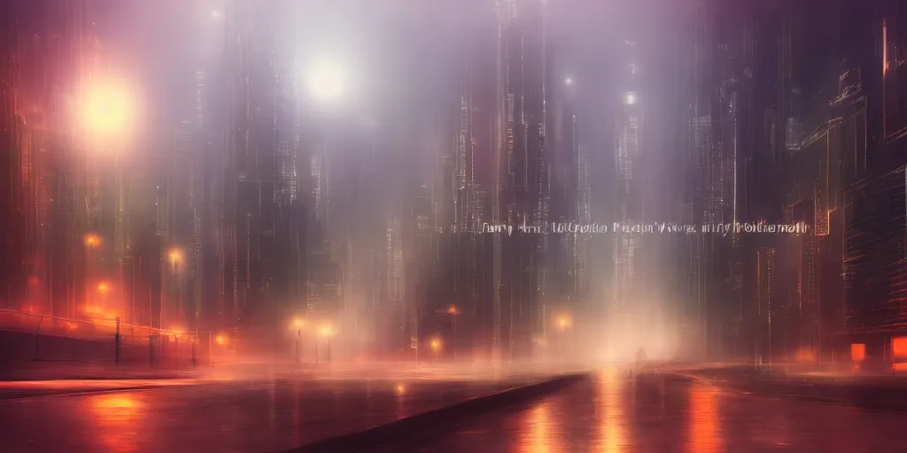 Prompt: a futuristic cityscape at night, foggy, soft lighting, realistic painting