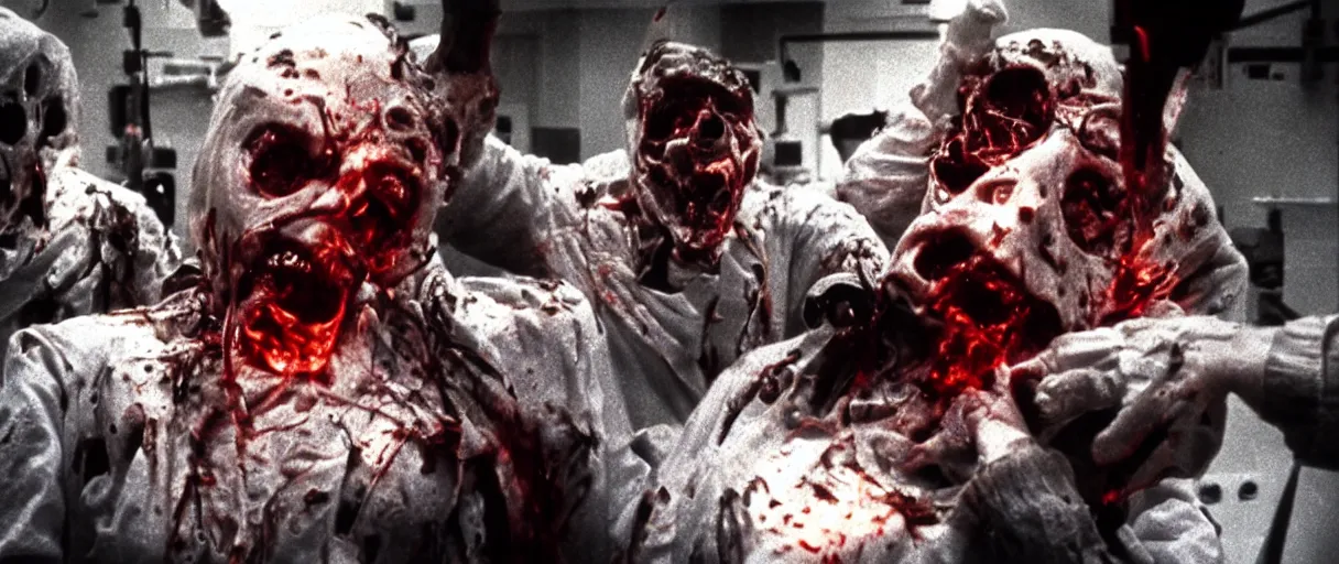 Image similar to filmic closeup dutch angle movie still 4k UHD 35mm film color photograph of 3 doctors burning alive inside of a science lab, melted and charred flesh, screaming in agony, in the style of a 1980s horror film