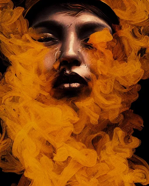 Prompt: black red gilded ink smoke portrait, by WLOP and tony sart