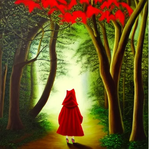 Prompt: oil painting of little red riding hood walking through a dark forest, flanked by brugmansia suaveolens trees with beautiful white flowers, scary
