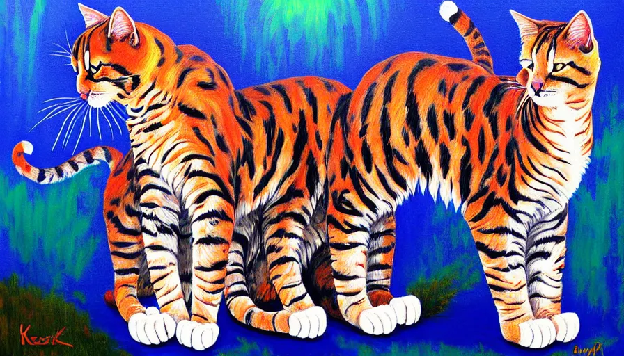 Prompt: messy acrylic painting of really tall cats by daniel patrick kessler, kessler art