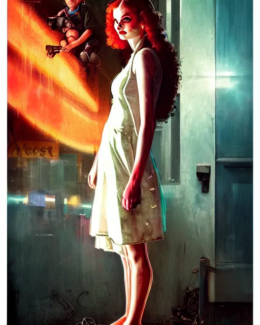 Prompt: in the style of Norman Rockwell and Charlie Bowater, Samara Weaving, symmetrical face, full body, in an alleyway during The Purge, people fighting, night time dark with neon colors, fires