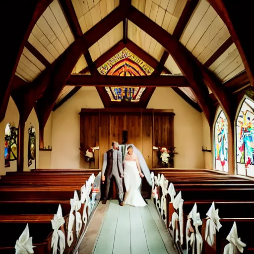 Image similar to a rhinoceros wearing a tiny suit in a wedding chapel, photo realistic, detailed, cinematic lighting, polaroid