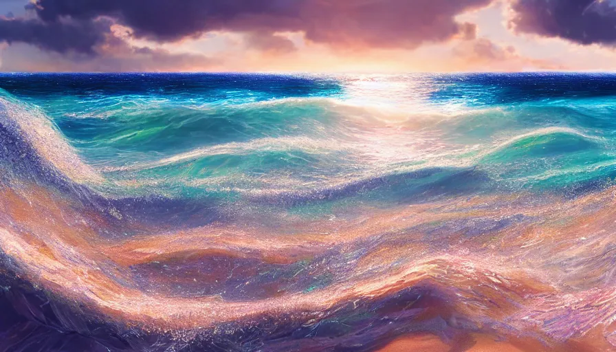 Image similar to beautiful crystal water sea with big breaking waves, sandy beach in the foreground, sun in the sky, hyperdetailed, artstation, cgsocitety, 8 k