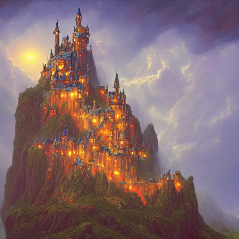 Prompt: an ornate castle on the top of a mountain during a storm by Tim and Greg Hildebrandt, trending on Artstation, rich deep vibrant colors