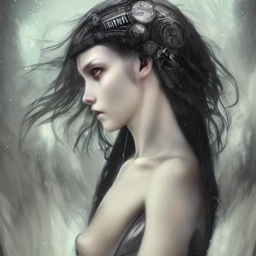 Image similar to By Tom Bagshaw, ultra realist soft painting of an attractive cyberpunk anime female fully body armored with thin lustrous long hair floating, photorealistic eyes render looking at camera, curiosities carnival, symmetry accurate features, very intricate details, focus, dark fantasy background black and white