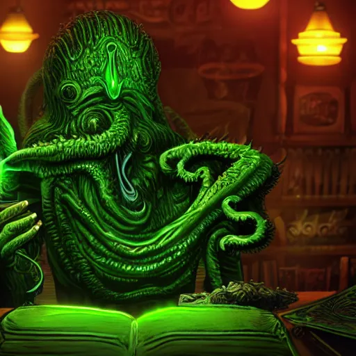 Prompt: Cthulu having a smoke after a long day of being worshipped, Lovecraftian, detailed, Weta Softworks, neon green highlights, 8k render