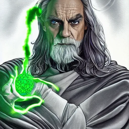 Prompt: supervillain ripped physique portrait Jeremy Irons donning a Gandalf costume whilst brandishing a green glowing orb jean sebastien rossbach jeff easley jen bartel