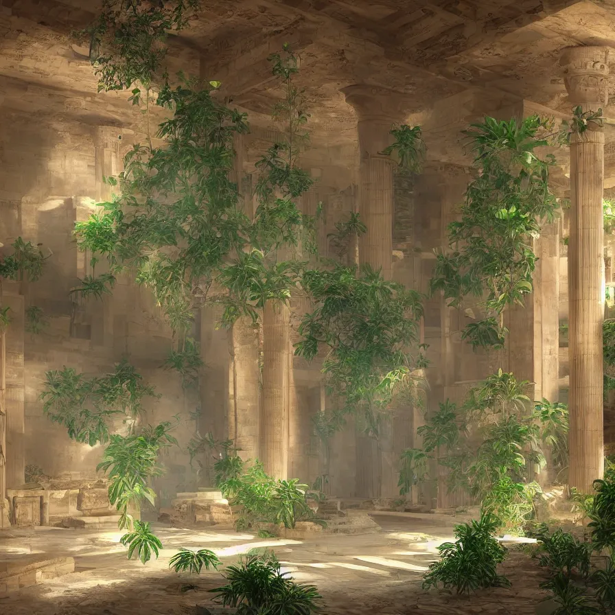 Image similar to interior of a ancient egyptian palace with plants and waterfalls, retrowave art, trending on art station