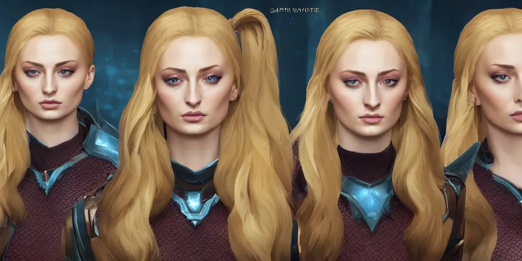 Image similar to character sheet of Sophie Turner as a character in the game League of Legends, with a background based on the game League of Legends, 3d render, octane render, iRay, ray tracing, realistic, highly detailed, trending on artstation, 4k, cgsociety, unreal engine 5, redshift render, blender cycles, behance, cg