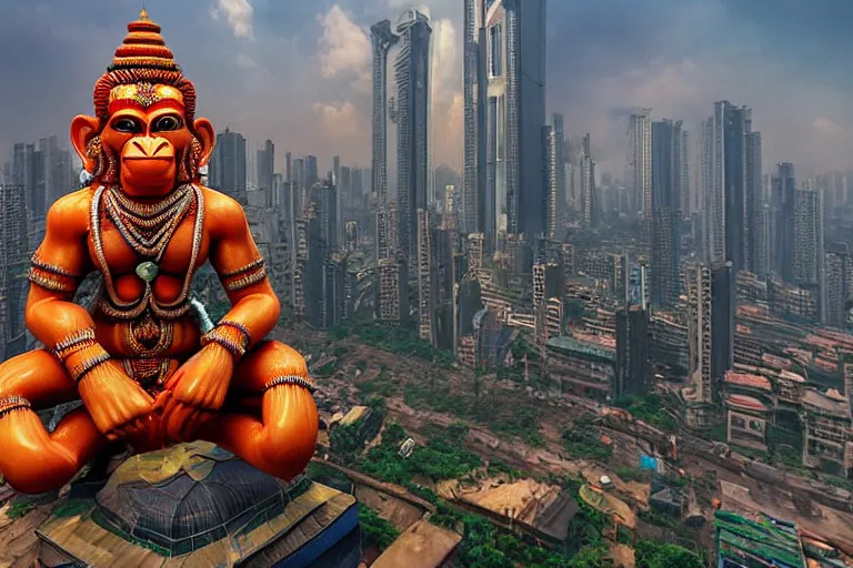 Image similar to high quality 3 d cyberpunk biomorphic hanuman! head building in the middle of mumbai!!, kalighat highly detailed, cinematic smooth, stephen shore & john j. park, soft morning light, wide shot, high angle, uhd 8 k, deep focus