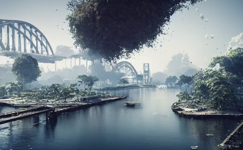 Prompt: explosions in the form of realistic white cotton plants on harbour bridge, huge white cotton plants everywhere on the destroyed harbour bridge, smooth, sharp focus, highly detailed, 3 d octane render, epic lighting, crazy atmosphere, lots of cotton plants, 8 k, by goro fujita