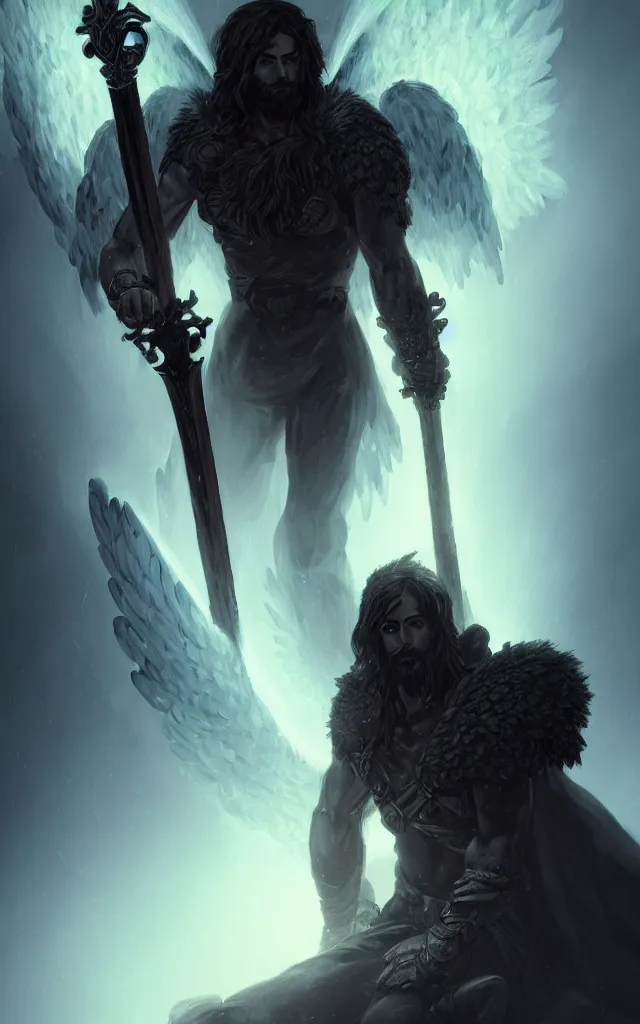 Image similar to dark blizzard art, portrait of fallen man angel kneeling with a sword and wings, bokeh. dark art masterpiece artstation. 8k, sharp high quality illustration in style of Jose Daniel Cabrera Pena and Leonid Kozienko, concept art by Tooth Wu