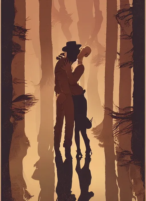 Image similar to poster artwork by Michael Whelan and Tomer Hanuka, Karol Bak of Naomi Watts & Jon Hamm husband & wife portrait, in the pose of Brokeback Mountain poster, from scene from Twin Peaks, clean, simple illustration, nostalgic, domestic, full of details