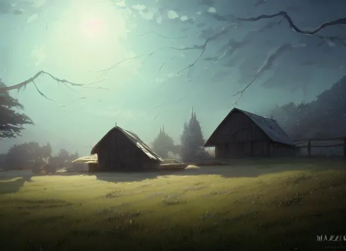 Prompt: a gargantuan creature with smooth skin, lots of small quils and spikes on it's neck, looming over a small barn, fog, horror, by makoto shinkai an krenz cushart