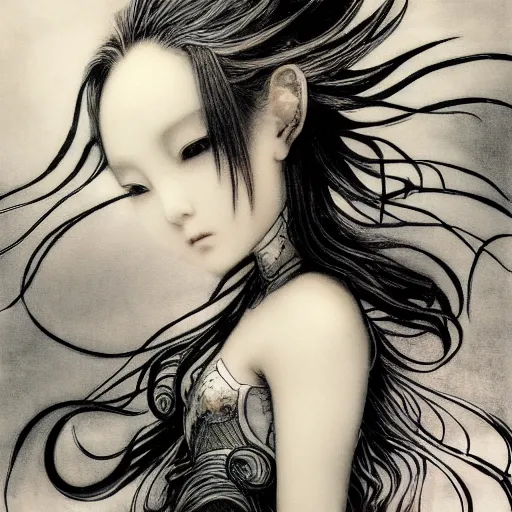 Image similar to yoshitaka amano blurred and dreamy illustration of an anime girl with black eyes, wavy white hair fluttering in the wind wearing elden ring armor and engraving, abstract black and white patterns on the background, noisy film grain effect, highly detailed, renaissance oil painting, weird portrait angle, blurred lost edges, three quarter view