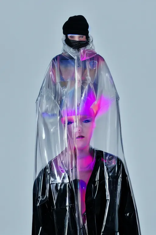 Image similar to an ultra high definition professional high fashion portrait studio full length photograph of a model wearing a transparent pearlescent raincoat and neon visor in an icelandic black rock environment at dawn. no artefacts. extremely detailed. stark. refraction. shallow depth of field. volumetric light and shadow. ray tracing. light rays.