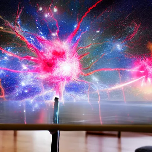 Prompt: miniature supernova explosion on the coffee table, vfx, smooth, vibrant, illuminative lighting, debris spread, smooth, fine,