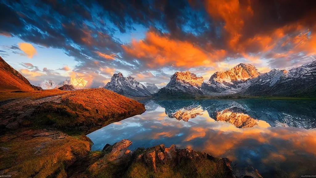 Image similar to amazing landscape photo of mountains with lake in sunset by marc adamus, beautiful dramatic lighting