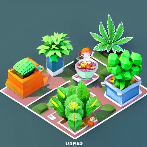 Prompt: isometric cute cartoon of utopia weed cafe, a few cannabis leaf pots. by benoit mandelbrot, render pixar, low poly digital art artstation 🏝📦 video game still australian