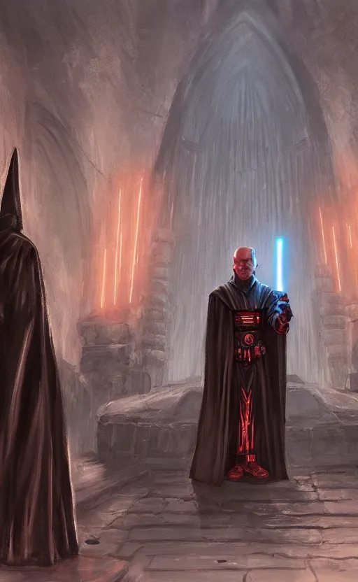 Image similar to « a beautiful painting of darth bane creating a rule of two in an ancient sith temple stylized as a catholic church, very realistic, trendin on artstation »