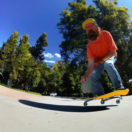 Image similar to walter white skateboarding, fisheye lens, sunny day