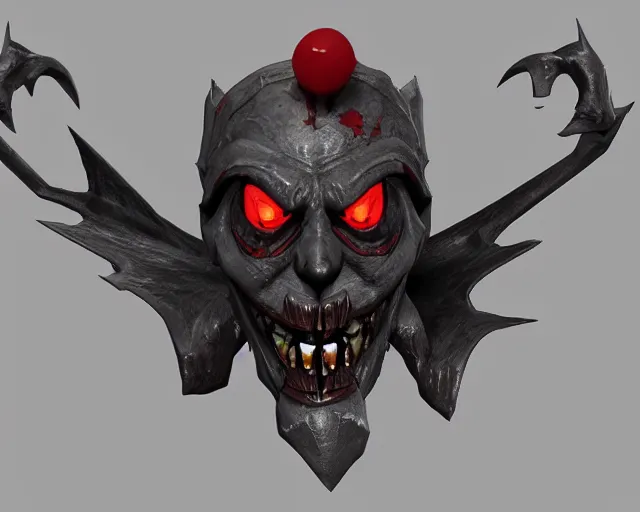 Image similar to 3d sculpt of an ironwork evil clown face with huge bat wings, skull, artstation, digital illustration, league of legends, dark souls