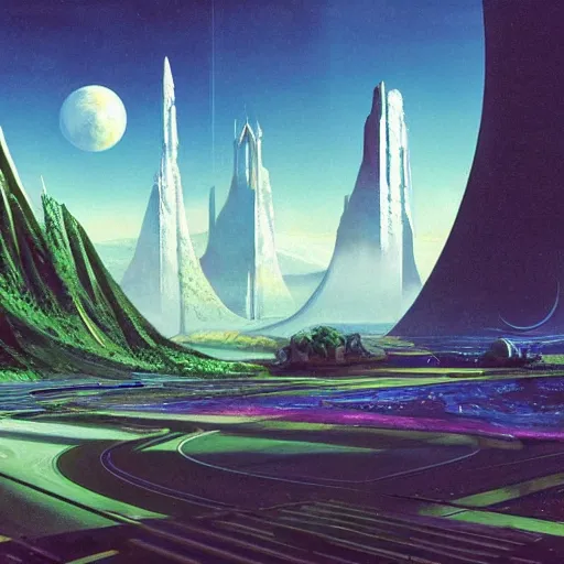 Image similar to beautiful matte painting album cover art of green gardens with roads on a futuristic sci-fi space station, cinematic angle, cinematic lighting, blue sky, by Syd Mead, John Harris, Federico Pelat