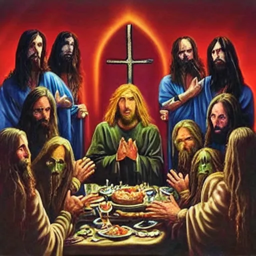 Prompt: the lord's supper, jesus accompanied by undeads in iron maiden album cover style