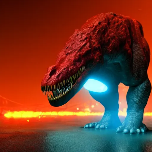 Image similar to A nuclear tyrannosaurus with glowing red eyes, bioluminescence, volumetric lighting, 8k, octane render, trending on ArtStation