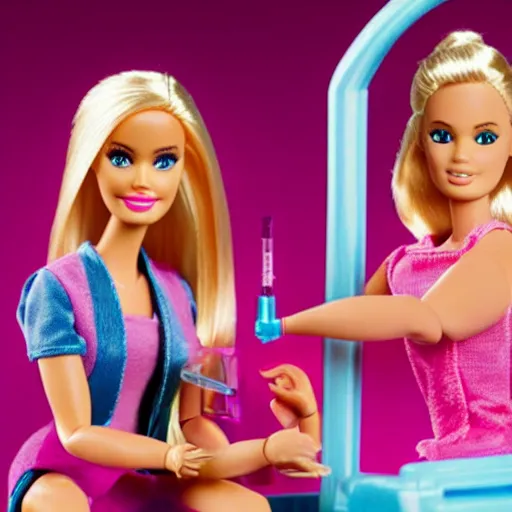 Image similar to barbie taking heroin with a syringe with a big needle in her arm, bad drugs, stoned, toilet