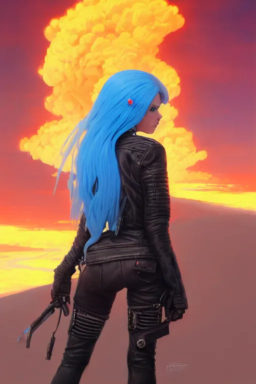 Image similar to a ultradetailed beautiful panting of post apocalyptic woman biker with helmet. blue hair. opened leather jacket, pretty face, high detailed face, in front of burning desert, anatomically correct, by ilya kuvshinov, greg rutkowski and makoto shinkai, trending on artstation