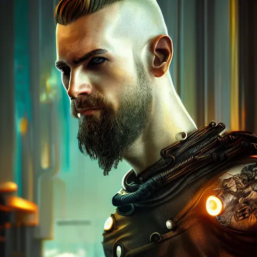 Prompt: Full body of Viking Nordic male, Cyberpunk 2077, cyborg neck, cybernetic neck implant, Wearing futuristic leather jacket, intricate, elegant, highly detailed, digital painting, artstation, concept art, smooth, sharp focus, illustration, art by artgerm and greg rutkowski