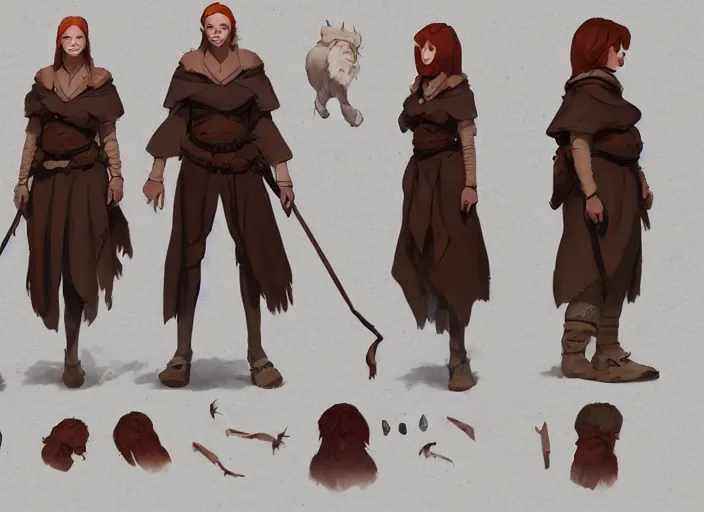 Image similar to character sheet for a ginger woman, for arcane netflix by greg rutkowski, by studio ghibli, digital art, trending on artstation, hd, 8 k, highly detailed, good lighting, beautiful, masterpiece