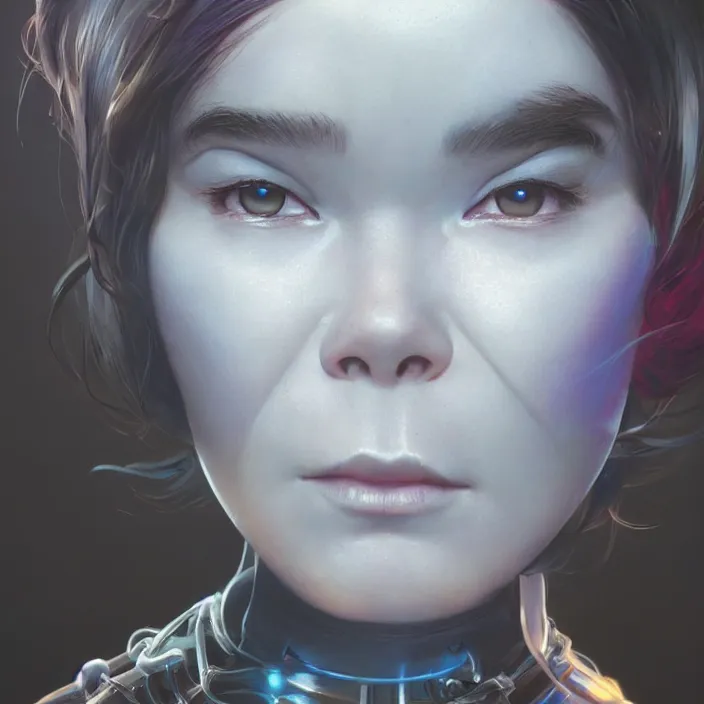 Image similar to portrait of bjork as a cyborg - by tom bagshaw, by ilya kuvshinov, rtx rendering, octane render 1 2 8 k, maya, extreme high intricate details by wlop, digital anime art by ross tran, medium shot, close up shot, composition by sana takeda, dramatic lighting by greg rutkowski, 8 k, trending on artstation