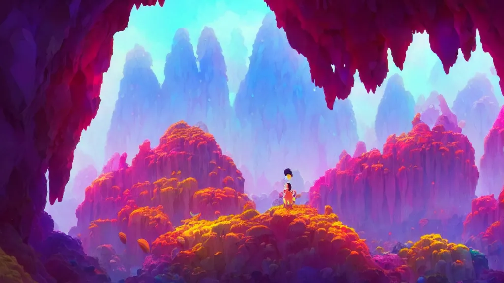 Image similar to colorful crystal cluster cave, studio ghibli, pixar and disney animation, sharp, rendered in unreal engine 5, highly detailed, digital painting, artstation, concept art, smooth, sharp focus, illustration, wide angle, artbook, wallpaper, splash art, promo art, dramatic lighting, art by artgerm and greg rutkowski and bo chen and jin xiaodi