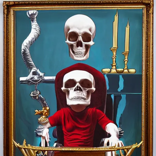 Prompt: Donald trump sitting upon the skull throne with a goblet of blood, oil painting h- 512 w- 512