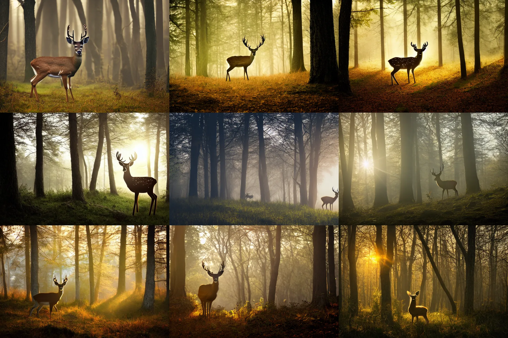 Prompt: deer portrait, glowing eyes, landscape, misty forest scene, sun through the trees