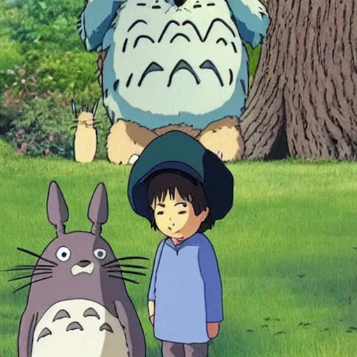 Image similar to totoro and larry david, ghibli film