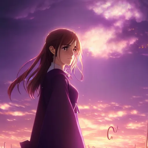 Image similar to portrait emma watson in heavens feel movie, detailed face, violet evergarden, tokyo, ufotable, key visual, cinematic, city background, night time, street, fate stay night, unlimited blade works, greg rutkowski, high resolution, street clothes, anime, high budget